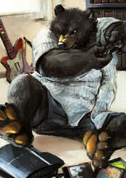  2012 anthro bear black_body black_fur black_nose bookshelf bottomwear clothing detailed_background fur furniture gaming humanoid_hands inside kemono male mammal musical_instrument overweight overweight_male playing_video_game playstation playstation_3 racoonwolf shirt shorts sitting solo sony_corporation sony_interactive_entertainment topwear 