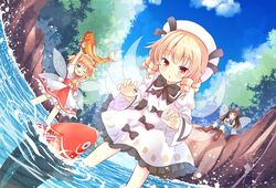  3girls ;d arms_up bad_id bad_twitter_id black_bow blonde_hair blue_bow blue_dress blue_eyes blue_sky boots bow brown_footwear brown_hair cloud cup day dress drill_hair fairy_wings fish hairbow hat holding inactive_account koi legs_apart long_hair luna_child multiple_girls nature one_eye_closed open_mouth orange_hair outdoors red_skirt sitting skirt sky smile splashing standing star_sapphire summer sunny_milk teacup touhou umi_suzume wading water white_dress white_headwear wide_sleeves wings yellow_eyes 