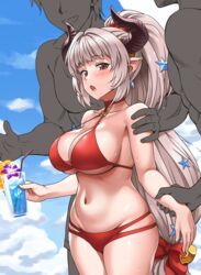  2boys aliza_(granblue_fantasy) aliza_(summer)_(granblue_fantasy) bikini blush breasts commentary_request cowboy_shot criss-cross_halter cup curvy draph earrings faceless faceless_male female granblue_fantasy grey_hair groin hair_ornament hair_scrunchie halterneck height_difference high_ponytail highres holding holding_cup horns jewelry large_breasts long_hair looking_at_viewer low-tied_long_hair lowleg lowleg_bikini multi-strapped_bikini_bottom multiple_boys navel nervous_sweating o-ring o-ring_bikini o-ring_top official_alternate_costume open_mouth pointy_ears red_bikini red_eyes red_scrunchie scrunchie shortstack sideboob sidelocks sideways_glance skindentation stomach sweat sweatdrop swimsuit textless_version tropical_drink very_long_hair very_sweaty youkan 