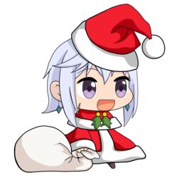  absurdres chibi chris_(konosuba) dage_the_evil earrings female gimp_(medium) hat highres holding holding_sack jewelry kono_subarashii_sekai_ni_shukufuku_wo! meme open_mouth padoru_(meme) sack santa_costume santa_hat scar short_hair solo transparent_background white_hair 