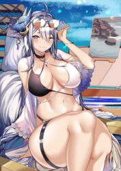  absurdres animal_ears antenna_hair arm_support azur_lane bangs bare_shoulders bikini black_choker blush breasts chair choker closed_mouth crossed_legs earrings eyebrows_visible_through_hair eyes_visible_through_hair eyewear_on_head female fox_mask fox_tail hair_between_eyes halterneck hand_up highleg highleg_bikini highres jewelry large_breasts lilycious looking_at_viewer mask mask_on_head navel red_eyes silver_hair sitting smile solo string_bikini sunglasses swimsuit tail thick_eyebrows thick_thighs thigh_strap thighs tosa_(azur_lane) tosa_(hometown_zest)_(azur_lane) two-tone_bikini 