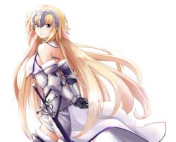  armor armored_dress blonde_hair chains fate/apocrypha fate/grand_order fate_(series) female headpiece jeanne_d&#039;arc_(fate) jeanne_d&#039;arc_(third_ascension)_(fate) long_hair looking_at_viewer looking_back panikuru_yuuto simple_background smile solo sword very_long_hair weapon white_background 