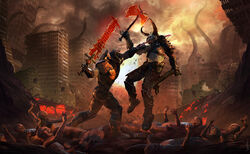  2boys apocalypse armor axe battle battle_axe blood cacodemon city crucible_(doom) demon demon_boy demon_horns doom_(series) doomguy double_barrels fantasy fighting gun highres holding holding_sword holding_weapon horns imp_(doom) male_focus marauder_(doom_eternal) monster multiple_boys ninois rivalry rivals science_fiction shotgun stab sword tentacle weapon 