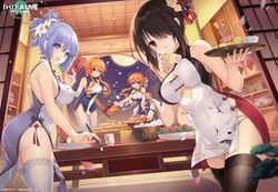  4girls :d :o black_hair black_thighhighs blonde_hair blue_eyes breasts china_dress chinese_clothes cleavage cowboy_shot date_a_live date_a_live:_spirit_pledge dress dutch_angle elbow_gloves food gloves holding holding_brush holding_plate holding_tray indoors izayoi_miku large_breasts long_hair looking_at_viewer multiple_girls night official_art open_mouth petals plate purple_dress purple_eyes purple_hair red_eyes round_window sleeveless sleeveless_dress smile table thighhighs tokisaki_kurumi tray white_dress white_gloves white_thighhighs window yamai_kaguya yamai_yuzuru 