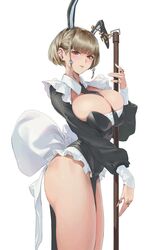  between_breasts blonde_hair breasts commentary ear_piercing female from_side half-closed_eyes highres large_breasts maid original piercing red_eyes short_hair sidelocks simple_background solo symbol-only_commentary white_background wonchun 