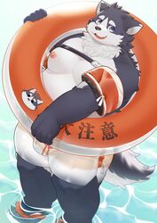  anthro belly blue_eyes bottomwear clothing footwear fur grey_body grey_fur harima male moobs navel nipples overweight overweight_male partially_submerged sandals shorts solo swim_ring swimwear tamacolle water who_corals 