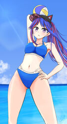  absurdres animal_ears ball bikini blue_bikini blue_hair breasts cat_ears cleavage commentary_request female hand_on_own_hip highres horizon kantai_collection large_breasts legs_apart long_hair multicolored_hair navel ocean official_alternate_costume ponytail purple_eyes red_hair solo sosser south_dakota_(kancolle) south_dakota_kai_(swimsuit_mode)_(kancolle) sports_bikini swimsuit visor_cap volleyball volleyball_(object) white_hair 