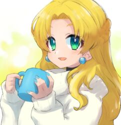  :d \||/ blonde_hair braid commentary cup earrings eyelashes female forehead green_eyes hair_over_shoulder holding holding_cup jewelry kalinka_cossack_(mega_man) long_hair long_sleeves looking_at_viewer mega_man_(series) mug open_mouth rockman_xover smile solo sweater tobitori upper_body white_sweater 