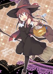  :d alternate_costume ascot ayase_yuuki_(mikan_mochi) bare_shoulders bat_wings black_dress black_legwear bow breasts broom candy cape checkerboard_cookie commentary_request cookie dated dress elbow_gloves english_text female food gloves halloween hat hat_bow head_wings highres holding holding_broom jack-o&#039;-lantern koakuma long_hair looking_at_viewer looking_to_the_side open_mouth plaid plaid_background red_eyes red_hair sidelocks sleeveless sleeveless_dress small_breasts smile solo star_(symbol) touhou white_ascot wings witch witch_hat 