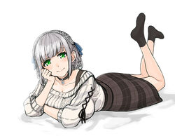  black_choker breast_press breasts choker cleavage collarbone female green_eyes grey_hair hair_behind_ear hand_on_own_face head_tilt hololive large_breasts light_blush lying official_alternate_hairstyle on_stomach plaid plaid_skirt sazare_(sazare_az) shirogane_noel shirogane_noel_(casual) short_hair skirt smile soles solo sweater the_pose virtual_youtuber wavy_hair 