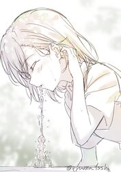  adjusting_hair artist_name blush bob_cut closed_eyes dress_shirt drinking drinking_fountain female hand_on_own_head highres isshi_pyuma leaning_forward loose_hair_strand misaka_mikoto monochrome school_uniform shirt short_hair solo sweat sweatdrop toaru_kagaku_no_railgun toaru_majutsu_no_index tokiwadai_school_uniform twitter_username upper_body water_drop 