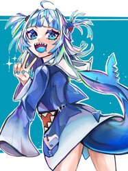  ahoge blue_eyes blue_hair blue_nails blue_tongue blunt_bangs colored_tongue female fins fish_tail from_behind gawr_gura gawr_gura_(1st_costume) grey_hair highres hololive hololive_english hood hoodie leaning_forward mamiya_miya multicolored_hair open_mouth scar shark_girl shark_tail sharp_teeth sleeves_past_fingers sleeves_past_wrists solo streaked_hair tail teeth two_side_up v v-shaped_eyebrows virtual_youtuber 