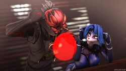  16:9 3d_(artwork) anthro balloon big_breasts black_clothing blue_body blue_eyes blue_fur blue_hair blurred_background bodysuit breasts canid canine cheek_tuft clothed clothing covering covering_ears crossover digital_media_(artwork) domibun dual_holding duo epic_games facial_tuft female fortnite fox fur hair hi_res holding_balloon holding_knife holding_object human imminent_popping inflatable knife krystal_(star_fox) male mammal mask multicolored_body multicolored_fur nintendo red_balloon ronin_(fortnite) skinsuit source_filmmaker_(artwork) star_fox tight_clothing tuft two_tone_body two_tone_fur warfare_krystal warfare_machine white_body white_fur widescreen 