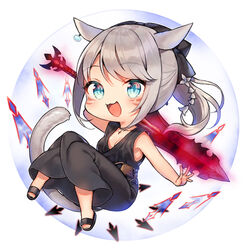  :3 :d animal_ears arms_behind_head bad_id bad_twitter_id bare_arms bare_shoulders black_bow black_dress black_footwear blue_eyes blush bow breasts cat_ears cat_girl cat_tail chibi cleavage commentary_request dark_knight_(final_fantasy) dress facial_mark female final_fantasy final_fantasy_xiv full_body grey_hair grey_tail hairbow holding holding_sword holding_weapon long_hair medium_breasts midorikawa_you miqo&#039;te open_mouth ponytail sleeveless sleeveless_dress smile solo sword tail warrior_of_light_(ff14) weapon whisker_markings white_background 