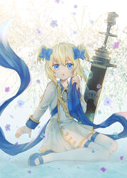  :o abstract_background aged_down anchor_necklace azur_lane bad_id bad_pixiv_id blonde_hair blue_eyes blue_footwear blue_ribbon bow coat_dress collarbone collared_dress commentary_request dress female flower full_body gold_trim hair_between_eyes hairbow hand_up holding holding_ribbon jewelry little_renown_(azur_lane) loafers lolicon long_sleeves looking_at_viewer necklace open_mouth planted ribbon shiromine_kana shoes short_hair sidelocks signature sitting solo thighhighs two_side_up wariza weapon white_background white_dress white_thighhighs zettai_ryouiki 