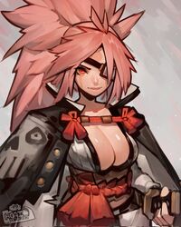  amputee baiken big_hair breasts cleavage eyepatch facial_tattoo female guilty_gear guilty_gear_xrd highres hoai_vu japanese_clothes katana kimono large_breasts long_hair obi one-eyed open_clothes open_kimono pink_eyes pink_hair ponytail samurai_spirits sash scar scar_across_eye scar_on_face solo sword tattoo weapon 