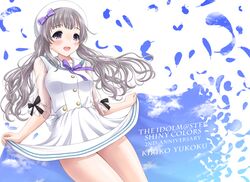  :d anniversary beret black_bow blue_feathers blush bow breasts character_name commentary_request copyright_name dress feathers female grey_eyes grey_hair hairbow hat idolmaster idolmaster_shiny_colors long_hair looking_away neko_danshaku open_mouth purple_bow sailor_collar sailor_dress see-through see-through_sleeves short_sleeves skirt_hold small_breasts smile solo twintails very_long_hair white_background white_dress white_hat white_sailor_collar yukoku_kiriko 