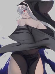  absurdres arknights ass bare_shoulders black_coat black_dress black_headwear closed_mouth coat commentary dress female from_behind grey_background grey_hair habit highres jewelry long_hair looking_at_viewer looking_back nun off_shoulder red_eyes simple_background sinoda specter_(arknights) torn_clothes 