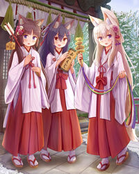  3girls :d absurdres animal_ear_fluff animal_ears arrow_(projectile) bell black_hair blue_eyes blush brown_footwear brown_hair cat_ears commentary_request ema flower folded_ponytail fox_ears fox_girl fox_tail hair_between_eyes hair_flower hair_ornament hairclip hakama hakama_skirt hamaya highres holding holding_arrow iroha_(iroha_matsurika) japanese_clothes jingle_bell kagura_suzu kimono koyoi_(iroha_(iroha_matsurika)) kunoichi-chan_(iroha_(iroha_matsurika)) long_hair long_sleeves looking_at_viewer miko multiple_girls mutsuki_(iroha_(iroha_matsurika)) oerba_yun_fang open_mouth original outdoors pink_flower purple_eyes red_flower red_hakama sandals skirt smile socks standing tabi tail very_long_hair white_flower white_hair white_kimono white_legwear wide_sleeves x_hair_ornament zouri 