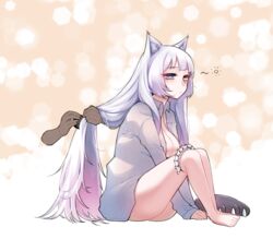  animal_ears ass bare_legs between_legs blush_stickers breasts brushing_another&#039;s_hair brushing_hair cat_ears cat_paw cleavage commission disembodied_hand expressionless eyelashes female gradient_hair grey_hair hand_between_legs hand_in_another&#039;s_hair hands_in_hair heterochromia highres holding holding_another&#039;s_hair knees_up last_origin long_hair looking_ahead maid_headdress medium_breasts mogijabgo multicolored_hair naked_shirt open_clothes open_shirt patterned_background perrault_(last_origin) pink_hair pixiv_commission shirt simple_background sitting sleepy solo_focus unworn_headwear very_long_hair white_shirt 