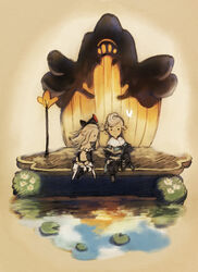  1boy bikini black_bikini blonde_hair blue_shirt book bow bravely_default:_flying_fairy bravely_default_(series) bug bush butterfly edea_lee elbow_gloves female gloves hairbow holding holding_book long_hair long_sleeves maeka_(kumaekake) official_alternate_costume open_book pompadour ringabel shirt short_hair sitting swimsuit 