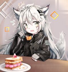  animal_ears arknights black_jacket cake commentary_request female fingerless_gloves flying_sweatdrops food fork fruit gloves grey_eyes grey_gloves grey_hair hair_between_eyes hair_ornament hairclip hand_up hehehzb high_collar highres holding holding_fork indoors jacket lappland_(arknights) long_hair long_sleeves looking_at_viewer mille-feuille open_mouth partial_commentary plate scar scar_across_eye scar_on_face solo strawberry tail upper_body wolf_ears wolf_tail 