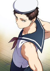  1boy back black_pants boku_no_hero_academia brown_hair earrings hat highres jewelry looking_back male_focus multiple_earrings overhaul_(boku_no_hero_academia) pants qina_(qinazuma_tno) sailor sailor_collar sailor_hat sailor_shirt shirt short_hair solo toned toned_male yellow_eyes 