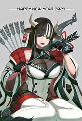  2021 animal_ears arrow_(projectile) bad_id bad_twitter_id bell blue_eyes bow_(weapon) breasts brown_hair chinese_zodiac cleavage commentary_request covered_navel cow_ears cow_girl cow_horns cowbell dolce_(dolsuke) female fishnet_thighhighs fishnets grey_background happy_new_year horns large_breasts leotard multicolored_hair new_year open_mouth original see-through sitting solo streaked_hair tag thigh_strap thighhighs two-tone_hair weapon white_hair yokozuwari 