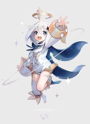  asymmetrical_legwear blue_eyes blush cape dress eyelashes female full_body genshin_impact hair_between_eyes halo hansum highres looking_at_viewer open_mouth paimon_(genshin_impact) romper scarf short_hair sparkle star_(symbol) uneven_legwear white_dress white_hair white_romper 