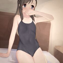  armpit_crease armpits asymmetrical_bangs bad_id bad_pixiv_id bare_shoulders bed bed_sheet bedroom black_eyes black_hair blush breasts commentary_request covered_mouth covered_navel cowboy_shot embarrassed female full-face_blush hand_up highres idolmaster idolmaster_cinderella_girls indoors kurihara_nene long_hair looking_away oekaki_machine on_bed one-piece_swimsuit school_swimsuit sitting small_breasts solo sweatdrop swimsuit thighs 