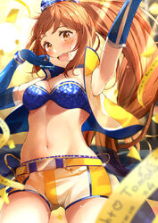  :d arm_up blue_bow blue_bra blue_gloves blurry blurry_foreground blush bow bra bracelet breasts brown_eyes brown_hair commentary_request cowboy_shot elbow_gloves female gloves hairbow hand_up highres idolmaster idolmaster_cinderella_girls jacket jewelry long_hair looking_at_viewer medium_breasts multicolored_clothes multicolored_jacket navel nira_(vira) no_shirt open_clothes open_jacket open_mouth ponytail shiny_clothes short_shorts shorts sleeveless sleeveless_jacket smile solo standing stomach two-tone_jacket two-tone_shorts underwear very_long_hair wakabayashi_tomoka white_jacket white_shorts yellow_jacket yellow_shorts 