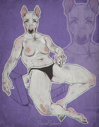  2022 5_fingers anthro band-aid bandage breasts bruised bull_terrier canid canine canis claws clothed clothing digital_media_(artwork) domestic_dog feet female feral_head_on_anthro fingers full-length_portrait fur hi_res humanoid_feet humanoid_hands hunting_dog mammal navel nipple_tape pasties plantigrade portrait reclining runasolaris simple_background sitting solo tape terrier underwear underwear_only white_body white_fur 