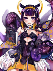  absurdres ao-chan_(ninomae_ina&#039;nis) black_gloves blunt_bangs blush book detached_sleeves female flat_chest gloves gradient_hair halo highres holding holding_book hololive hololive_english long_hair looking_at_viewer low_wings mamiya_miya mole mole_under_eye monogram multicolored_hair ninomae_ina&#039;nis ninomae_ina&#039;nis_(1st_costume) open_mouth orange_hair pointy_ears purple_eyes purple_hair sidelocks single_detached_sleeve smile solo straight-on tentacle tentacle_hair very_long_hair virtual_youtuber white_background wings 