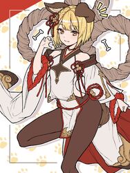  animal_ears bare_shoulders black_pantyhose blonde_hair bone border braid claw_pose clenched_hand commentary detached_sleeves dog_ears erune female granblue_fantasy hair_ornament highres ll_0109 looking_at_viewer notice_lines outside_border pantyhose paw_print paw_print_background pelvic_curtain rope shimenawa short_hair sideless_outfit single_braid smile solo symbol-only_commentary tail vajra_(granblue_fantasy) wide_sleeves yellow_eyes 