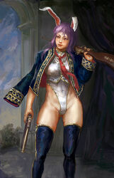  adapted_costume amibazh animal_ears antique_firearm blue_jacket blue_thighhighs covered_navel faux_traditional_media female fine_art_parody gun handgun highleg highleg_leotard holding holding_weapon jacket leotard light_purple_hair long_hair looking_to_the_side necktie parody purple_hair rabbit_ears red_eyes red_necktie reisen_udongein_inaba rifle solo thighhighs thighs touhou very_long_hair weapon white_leotard 