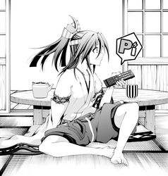  akane_harurou barefoot controller cup female greyscale hachimaki hakama hakama_shorts headband high_ponytail holding indoors japanese_clothes kantai_collection long_hair long_sleeves monochrome ponytail profile remote_control shorts sitting solo table tatami teapot wide_sleeves yunomi zuihou_(kancolle) 