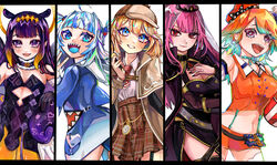  5girls ahoge arm_under_breasts belt black_gloves blonde_hair blue_eyes blue_hair blue_tongue blunt_bangs blush breasts cape capelet chef_hat cleavage cleavage_cutout clothing_cutout collared_shirt colored_tongue column_lineup deerstalker detached_sleeves earrings feather_earrings feathers fins fish_tail flat_chest from_behind gawr_gura gawr_gura_(1st_costume) gloves gradient_hair green_hair grey_hair hair_ornament halo hand_on_own_chest hat high-waist_skirt holding holding_magnifying_glass hololive hololive_english holomyth jewelry leaning_forward light_smile looking_at_viewer looking_to_the_side low_wings magnifying_glass mamiya_miya medium_breasts medium_hair midriff miniskirt mole mole_under_eye monogram mori_calliope mori_calliope_(1st_costume) multicolored_hair multiple_girls navel necktie ninomae_ina&#039;nis ninomae_ina&#039;nis_(1st_costume) open_mouth orange_hair orange_hat orange_skirt pink_hair plaid plaid_skirt pocket_watch pointy_ears purple_eyes purple_hair red_eyes red_necktie shark_tail sharp_teeth shirt short_necktie single_detached_sleeve skirt sparkling_eyes straight-on streaked_hair tail takanashi_kiara takanashi_kiara_(1st_costume) teeth tentacle tentacle_hair thighhighs tiara tsurime two_side_up v v-shaped_eyebrows veil virtual_youtuber watch watson_amelia watson_amelia_(1st_costume) white_headwear wings 