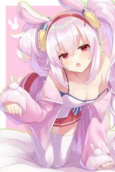  animal_ears arm_up azur_lane bare_shoulders blush breasts cleavage commentary fake_animal_ears female gradient_background hair_between_eyes hair_ornament hairband highres jacket laffey_(azur_lane) long_hair long_sleeves looking_at_viewer medium_breasts miimu_(nelreg3) paw_pose pink_background pink_hair pink_jacket pleated_skirt rabbit_ears red_eyes red_skirt skirt solo thighhighs twintails two-tone_background very_long_hair white_background white_thighhighs 