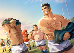  6+boys =_= abs armpit_hair armpits bara bare_pectorals belly biggym black_hair black_shirt blonde_hair blue_sky blush bulge carrying_over_shoulder chest_hair dark-skinned_male dark_skin facial_hair feet_out_of_frame field grass green_socks grin holding holding_clothes holding_shirt large_pectorals laughing long_sideburns looking_at_another looking_back male_focus mature_male moustache multicolored_hair multiple_boys muscular muscular_male navel navel_hair nipples original outdoors pectorals plump promotional_art red_shirt rugby rugby_uniform seductive_smile shirt short_hair shorts sideburns sky smile socks sportswear standing stomach suv_(suv032) sweat thick_eyebrows thick_thighs thighs topless_male two-tone_hair undercut undressing white_shorts yaoi 