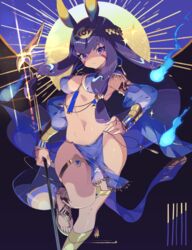  :&lt; animal_ears breasts closed_mouth commentary_request dark-skinned_female dark_skin earrings egyptian egyptian_clothes facepaint facial_mark fate/grand_order fate_(series) female hair_tubes hand_on_own_hip headpiece highres holding holding_staff hoop_earrings jackal_ears jewelry long_hair looking_at_viewer low-tied_long_hair medium_breasts natsuiro_xx navel nitocris_(fate) pelvic_curtain purple_eyes purple_hair sandals sidelocks solo sparkle staff thigh_strap usekh_collar very_long_hair 