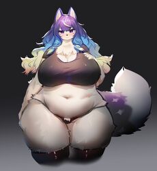  absurd_res anthro big_breasts big_tail biped black_background black_clothing black_legwear black_nose black_shirt black_thigh_highs black_thong black_topwear black_underwear blonde_hair blue_hair blush breasts canid canine canis chest_tuft claws cleavage clothed clothing colored crop_top curvy_figure digital_media_(artwork) dipstick_tail eyelashes female finger_claws fingers fluffy fluffy_tail front_view fully_clothed fur glistening glistening_body glistening_clothing glistening_fur glistening_hair glistening_legwear glistening_shirt glistening_topwear gradient_background gradient_hair grey_background hair hekate_(tas) hi_res huge_breasts kemono legwear lifewonders long_hair looking_at_viewer mammal markings midriff multicolored_body multicolored_fur multicolored_hair multicolored_tail navel overweight portrait pupils purple_body purple_claws purple_ears purple_eyes purple_fur purple_hair purple_tail shaded shirt simple_background skimpy slightly_chubby small_head solo standing tail tail_markings thick_tail thick_thighs thigh_highs thong three-quarter_portrait tokyo_afterschool_summoners topwear translucent translucent_clothing translucent_shirt translucent_topwear tuft two_tone_body two_tone_fur two_tone_tail underwear utterangle voluptuous white_body white_fur white_markings white_tail wide_hips 