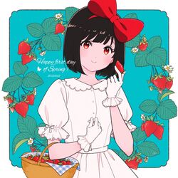  2022 amayadori_uki basket black_hair closed_mouth commentary dated dress female food fruit gekijouban_hibike!_euphonium gloves hand_up hibike!_euphonium hisaishi_kanade holding holding_food holding_fruit looking_at_viewer puffy_sleeves red_eyes short_hair short_sleeves smile solo strawberry symbol-only_commentary white_dress 