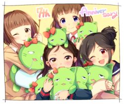  4girls :d ayase_honoka bad_id bad_pixiv_id black_hair blush bow breasts frilled_square_(idolmaster) hugging_object idolmaster idolmaster_cinderella_girls kitami_yuzu kudo_shinobu looking_at_viewer mitsuki_(omezame_alice) momoi_azuki multiple_girls one_eye_closed open_mouth out_of_frame parted_bangs pina_korata school_uniform simple_background smile stuffed_toy 