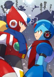  4boys android armor bass_(mega_man) blonde_hair blue_armor blue_eyes blue_headwear blue_scarf closed_mouth commentary_request dated eye_contact from_side green_eyes hand_on_own_chest helmet highres house looking_at_another male_focus mega_man_(character) mega_man_(classic) mega_man_(series) mega_man_x_(series) multiple_boys notice_lines open_mouth outdoors ponytail profile red_armor red_headwear red_scarf robot scarf signature silhouette smile snowflakes tobitori translation_request x_(mega_man) zero_(mega_man) 