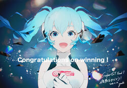  artist_name blue_eyes blue_hair breasts copyright_name crying crying_with_eyes_open dated dress elbow_gloves english_commentary female floating_hair gloves goodsmile_racing hatsune_miku headphones lens_flare medium_breasts oguchi racing_miku racing_miku_(2014) sleeveless sleeveless_dress solo straight-on super_gt tears vocaloid white_gloves 