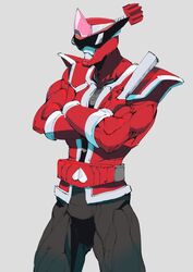  1boy animification avataro_sentai_donbrothers belt black_belt clenched_hand cowboy_shot crossed_arms donmomotarou gloves hand_fan helmet highres ichitaka_(1015ichitaka) looking_at_viewer male_focus red_gloves shadow solo sunglasses super_sentai tokusatsu white_background 