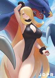  alternate_costume arm_up armpits black_leotard blonde_hair breasts cleavage cleavage_cutout closed_mouth clothing_cutout cloud commentary covered_navel cynthia_(pokemon) day eyelashes female fur_collar fur_cuffs garchomp hair_over_one_eye highleg highleg_leotard holding holding_poke_ball jdpr large_breasts leotard long_hair looking_at_viewer mixed-language_commentary outdoors poke_ball poke_ball_(basic) pokemon pokemon_(creature) pokemon_dppt sky smile thighs very_long_hair web_address 