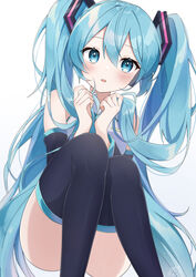  absurdres bare_shoulders black_sleeves black_thighhighs blue_eyes blue_hair blush collared_shirt commentary convenient_leg detached_sleeves dot_nose feet_out_of_frame female frilled_shirt frills hair_between_eyes hair_ornament hatsune_miku head_tilt highres holding holding_own_hair knees_together_feet_apart long_hair long_sleeves looking_at_viewer noneon319 own_hands_together parted_lips raised_eyebrows shirt simple_background sitting sleeveless sleeveless_shirt solo thighhighs thighs twintails very_long_hair vocaloid white_background white_shirt 