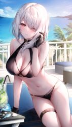  arm_support bare_arms bare_shoulders bikini black_bikini black_gloves blue_flower blush breasts cleavage conch day drinking_straw female flower gloves hair_over_one_eye highres large_breasts lenne_(oyuwari) looking_at_viewer medium_hair navel ocean one_eye_closed original outdoors oyuwari palm_tree parted_lips red_eyes solo stomach swimsuit thigh_strap tree wet white_hair 