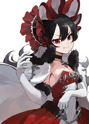  belt black_belt black_hair blush bonnet breasts chains cloak closed_mouth collarbone commentary_request dress elbow_gloves female fur-trimmed_cloak fur-trimmed_gloves fur_trim gloves hair_between_eyes hand_up highres illya_(princess_connect!) illya_(small)_(princess_connect!) long_hair looking_at_viewer modare oerba_yun_fang princess_connect! red_dress red_eyes showgirl_skirt simple_background small_breasts smile solo split_mouth v-shaped_eyebrows white_background white_cloak white_gloves 